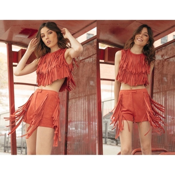 Wild Honey Black Faux Suede Fringe Cropped Sleeveless Tank Top and Short Set - Picture 5 of 16